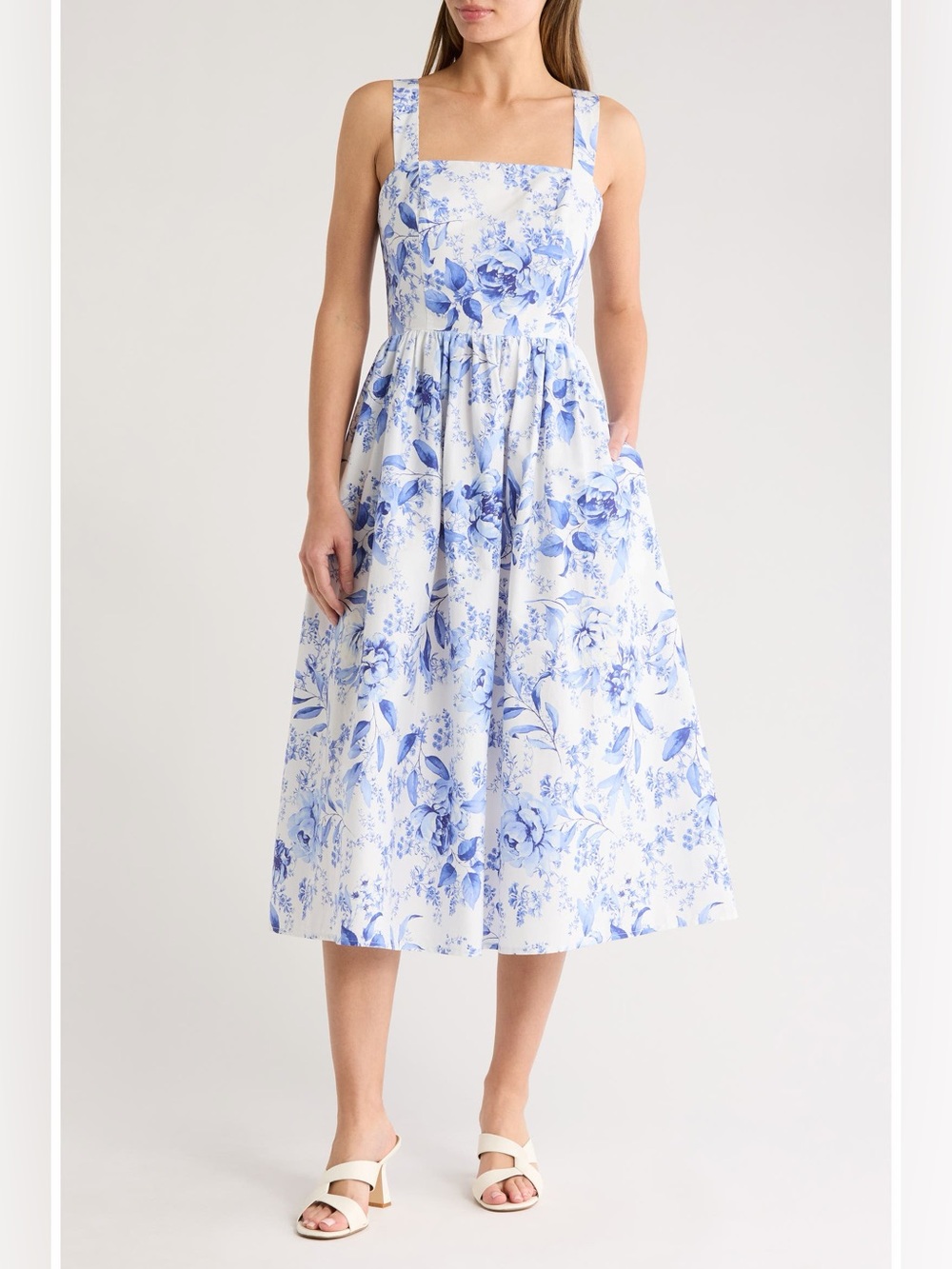 Eliza J Square Neck Smocked Sundress in Blue and White Size 10